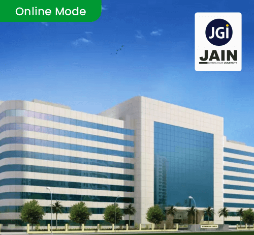 Jain University building with JGI JAIN logo and Online Mode label for distance education admission