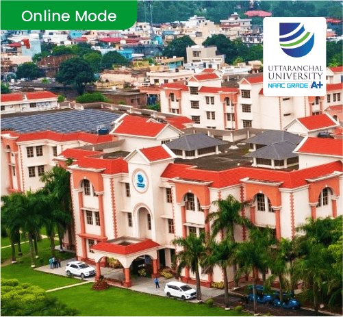Uttaranchal University campus with “Online Mode” badge for distance education admissions