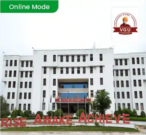 Vivekananda Global University campus building with VGU logo and “RISE AWAKE ACHIEVE” motto, Online Mode badge