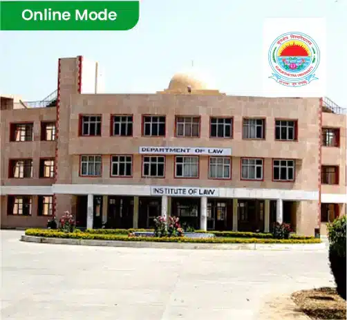 Online Mode banner over Institute of Law campus building exterior and emblem