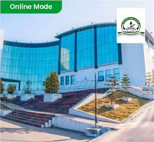 Online Mode campus building with official university logo for distance education and online learning